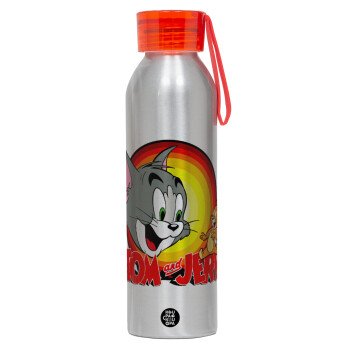 Tom and Jerry, Αλουμινένιο Αθλητικό Μπουκάλι 650ml – Ασημί με Κόκκινο Καπάκι και Λουράκι Σιλικόνης