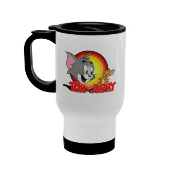 Tom and Jerry, Κούπα ταξιδιού ανοξείδωτη με καπάκι, διπλού τοιχώματος (θερμό) λευκή 450ml