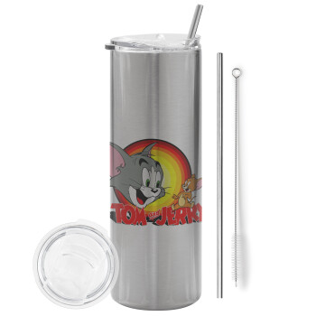 Tom and Jerry, Eco friendly stainless steel Silver tumbler 600ml, with metal straw & cleaning brush
