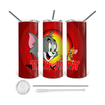 Tom and Jerry, 360 Eco friendly ποτήρι θερμό (tumbler) από ανοξείδωτο ατσάλι 600ml, με μεταλλικό καλαμάκι & βούρτσα καθαρισμού