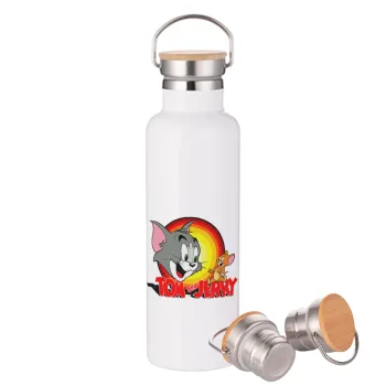 Tom and Jerry, Stainless steel White with wooden lid (bamboo), double wall, 750ml