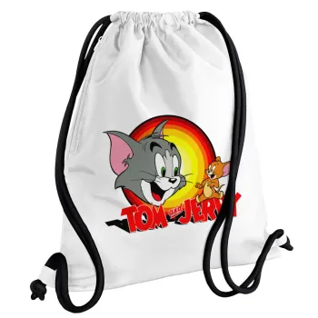 Tom and Jerry, Τσάντα πλάτης πουγκί GYMBAG λευκή, με τσέπη (40x48cm) & χονδρά κορδόνια