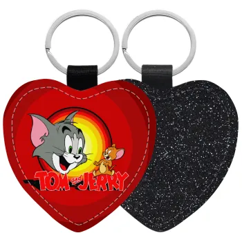 Tom and Jerry, Μπρελόκ PU δερμάτινο glitter καρδιά ΜΑΥΡΟ