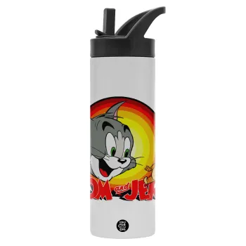 Tom and Jerry, Μεταλλικό παγούρι θερμός με καλαμάκι & χειρολαβή, ανοξείδωτο ατσάλι (Stainless steel 304), διπλού τοιχώματος, 600ml