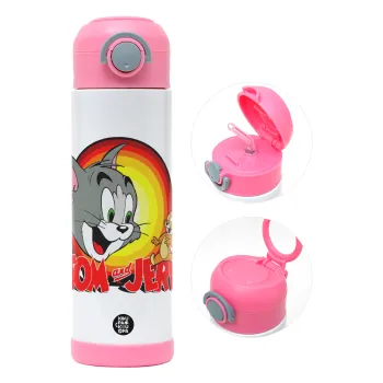Tom and Jerry, Παιδικό παγούρι θερμό, ανοξείδωτο, με καλαμάκι ασφαλείας, ΡΟΖ (500ml)