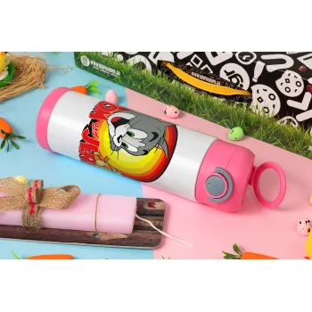 Tom and Jerry, Πασχαλινή Λαμπάδα με Παιδικό παγούρι θερμό, ανοξείδωτο, με καλαμάκι ασφαλείας, ΡΟΖ (500ml)