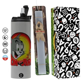 Tom and Jerry, Πασχαλινή Λαμπάδα με Travel Tumbler θερμό (600ml, BPA free) & κερί αρωματικό πλακέ (30cm) (ΓΚΡΙ)