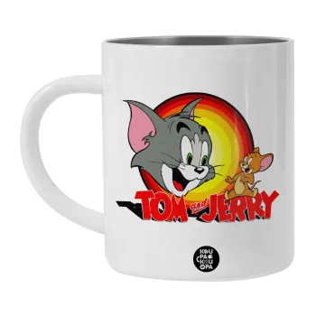 Tom and Jerry, Λευκή Ανοξείδωτη Μεταλλική Κούπα 450ml - Διπλού Τοιχώματος 