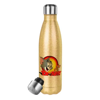 Tom and Jerry, Glitter gold stainless steel thermos bottle, double-walled, 500ml