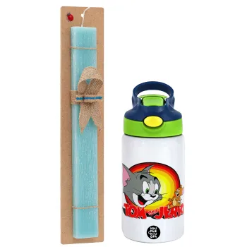 Tom and Jerry, Easter Set, Children's thermal stainless steel bottle with safety straw, green/blue (350ml) & aromatic flat Easter candle (30cm) (TURQUOISE)