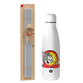 Tom and Jerry, Πασχαλινή Λαμπάδα με μεταλλικό παγούρι θερμός ανοξείδωτο (500ml) & κερί αρωματικό πλακέ (30cm) (ΓΚΡΙ)