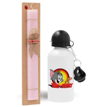 Tom and Jerry, Πασχαλινή Λαμπάδα με παγούρι μεταλλικό αλουμινίου (500ml) & κερί αρωματικό πλακέ (30cm) (ΡΟΖ)