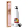 Easter Set, metallic stainless steel water bottle (750ml) & scented flat Easter candle (30cm) (PINK)