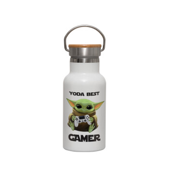 Yoda Best Gamer, Μεταλλικό παγούρι θερμός (Stainless steel) Λευκό με ξύλινο καπακι (bamboo), διπλού τοιχώματος, 350ml