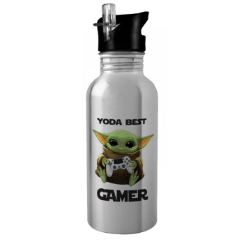Yoda Best Gamer, Παγούρι νερού Ασημένιο με καλαμάκι, ανοξείδωτο ατσάλι 600ml