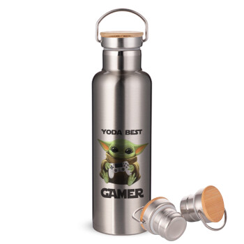Yoda Best Gamer, Stainless steel Silver with wooden lid (bamboo), double wall, 750ml