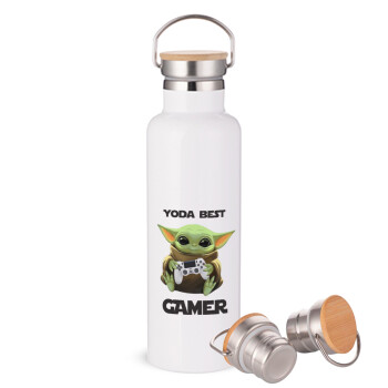 Yoda Best Gamer, Μεταλλικό παγούρι θερμός (Stainless steel) Λευκό με ξύλινο καπάκι (bamboo), διπλού τοιχώματος, 750ml