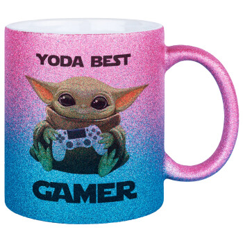 Yoda Best Gamer, Κούπα Χρυσή/Μπλε Glitter, κεραμική, 330ml