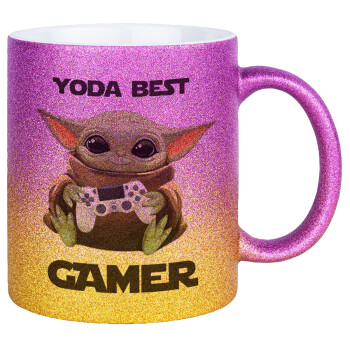 Yoda Best Gamer, Κούπα Χρυσή/Ροζ Glitter, κεραμική, 330ml