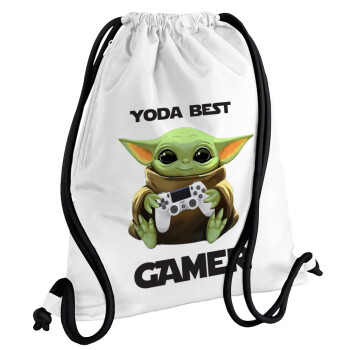 Yoda Best Gamer, Τσάντα πλάτης πουγκί GYMBAG λευκή, με τσέπη (40x48cm) & χονδρά κορδόνια