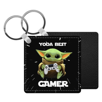 Yoda Best Gamer, Μπρελόκ Δερματίνη, τετράγωνο ΜΑΥΡΟ (5x5cm)