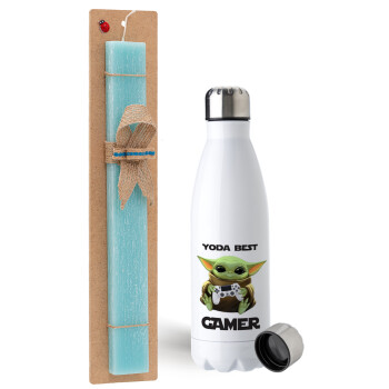 Yoda Best Gamer, Easter Set, metallic stainless steel water bottle (750ml) & aromatic flat Easter candle (30cm) (TURQUOISE)