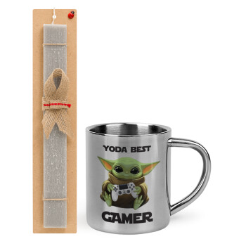 Yoda Best Gamer, Πασχαλινό Σετ, μεταλλική κούπα θερμό (300ml) & πασχαλινή λαμπάδα αρωματική πλακέ (30cm) (ΓΚΡΙ)