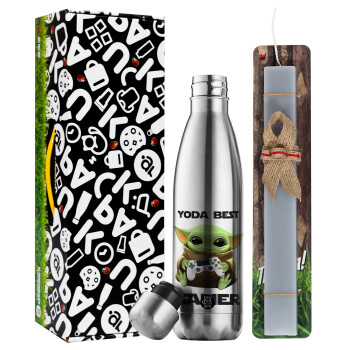Yoda Best Gamer, Easter Set, metallic stainless thermos flask (500ml) & scented flat Easter candle (30cm) (GRAY)