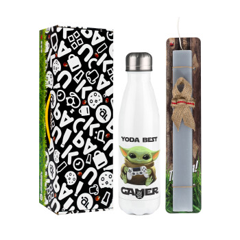 Yoda Best Gamer, Easter candle, metallic white thermos bottle (500ml) & aromatic flat candle (30cm) (GRAY)
