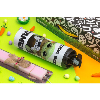 Yoda Best Gamer, Easter candle,Travel Tumbler 2 Lids, with metal straw & cleaning brush & aromatic flat candle (30cm) (PINK)