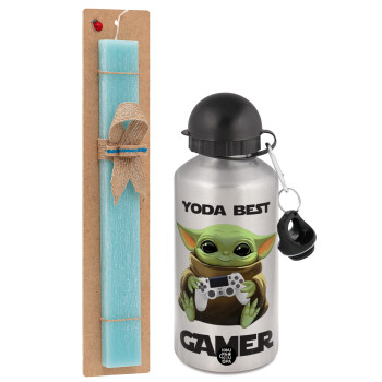 Yoda Best Gamer, Easter Set, metallic silver aluminum water bottle (500ml) & scented flat Easter candle (30cm) (TURQUOISE)