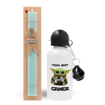 Yoda Best Gamer, Easter Set, metallic aluminum water bottle (500ml) & scented flat candle (30cm) (TURQUOISE)