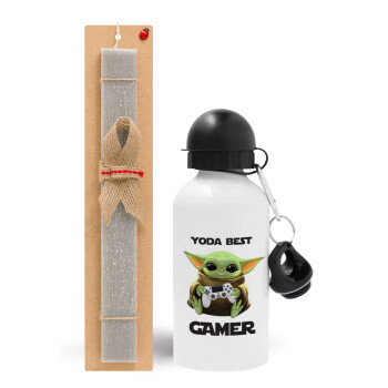 Yoda Best Gamer, Easter Set, metallic aluminum water bottle (500ml) & aromatic flat Easter candle (30cm) (GRAY)