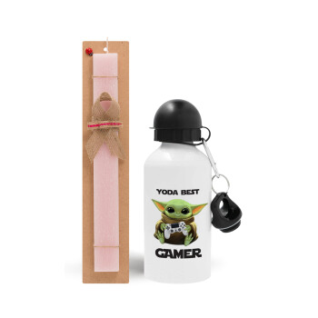 Yoda Best Gamer, Easter Set, metallic aluminum bottle (500ml) & aromatic flat Easter candle (30cm) (PINK)
