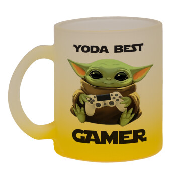 Yoda Best Gamer, Κούπα γυάλινη δίχρωμη με βάση το κίτρινο ματ, 330ml