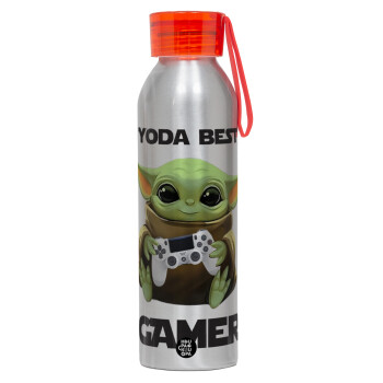 Yoda Best Gamer, Αλουμινένιο Αθλητικό Μπουκάλι 650ml – Ασημί με Κόκκινο Καπάκι και Λουράκι Σιλικόνης