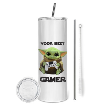 Yoda Best Gamer, Eco friendly ποτήρι θερμό (tumbler) από ανοξείδωτο ατσάλι 600ml, με μεταλλικό καλαμάκι & βούρτσα καθαρισμού