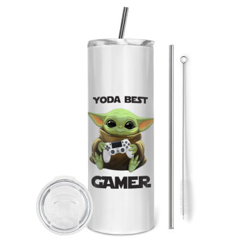 Yoda Best Gamer, Tumbler ποτήρι θερμό από ανοξείδωτο ατσάλι 600ml, με μεταλλικό καλαμάκι & βούρτσα καθαρισμού