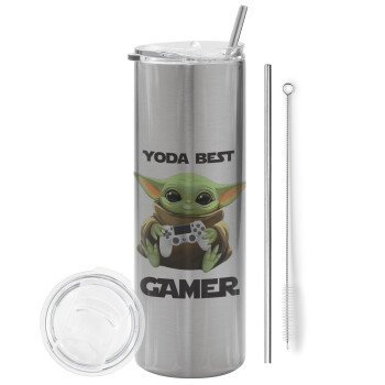Yoda Best Gamer, Eco friendly ποτήρι θερμό Ασημένιο (tumbler) από ανοξείδωτο ατσάλι 600ml, με μεταλλικό καλαμάκι & βούρτσα καθαρισμού