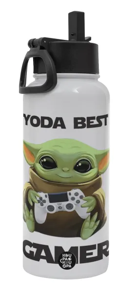 Yoda Best Gamer — Metal mug thermo White with Straw and Spout Lid (Stainless steel), double wall, 950ml