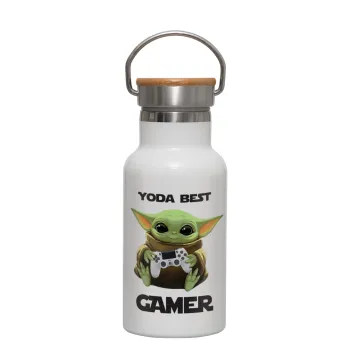 Yoda Best Gamer, Μεταλλικό παγούρι θερμός (Stainless steel) Λευκό με ξύλινο καπακι (bamboo), διπλού τοιχώματος, 350ml