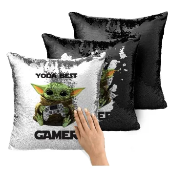 Yoda Best Gamer, Μαξιλάρι καναπέ Μαγικό Μαύρο με πούλιες 40x40cm περιέχεται το γέμισμα