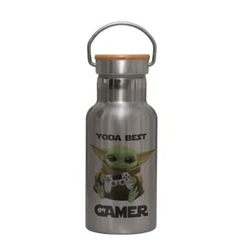 Yoda Best Gamer, Μεταλλικό παγούρι θερμός (Stainless steel) Ασημένιο με ξύλινο καπακι (bamboo), διπλού τοιχώματος, 350ml