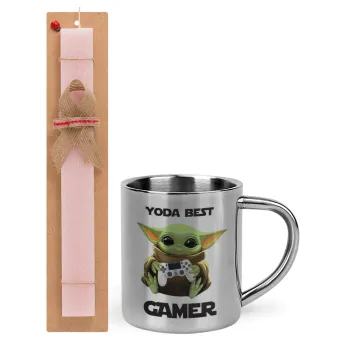 Yoda Best Gamer, Easter Set, metallic thermal cup (300ml) & aromatic flat Easter candle (30cm) (PINK)