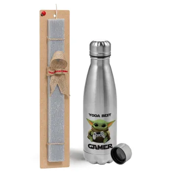Yoda Best Gamer, Easter Set, metallic Inox water bottle (750ml) & aromatic flat Easter candle (30cm) (GRAY)