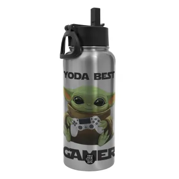 Yoda Best Gamer, Μεταλλικό παγούρι θερμός Silver με καλαμάκι και χερούλι (Stainless steel), διπλού τοιχώματος, 950ml