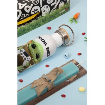 Yoda Best Gamer, Easter Set, metallic silver aluminum water bottle (500ml) & scented flat Easter candle (30cm) (TURQUOISE)