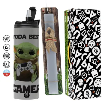 Yoda Best Gamer, Easter candle with Grey Tumbler Thermo 600ml & aromatic flat candle (30cm) (GREY)
