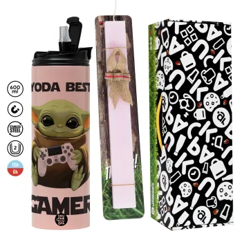 Yoda Best Gamer, Easter candle,Travel Tumbler 2 Lids, with metal straw & cleaning brush & aromatic flat candle (30cm) (PINK)
