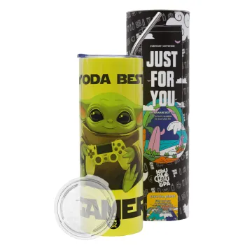 Yoda Best Gamer, Neon Yellow Travel Tumbler θερμό, μεταλλικό καλαμάκι(Ανωξείδωτο 304 Food grade, BPA free, 600ml)